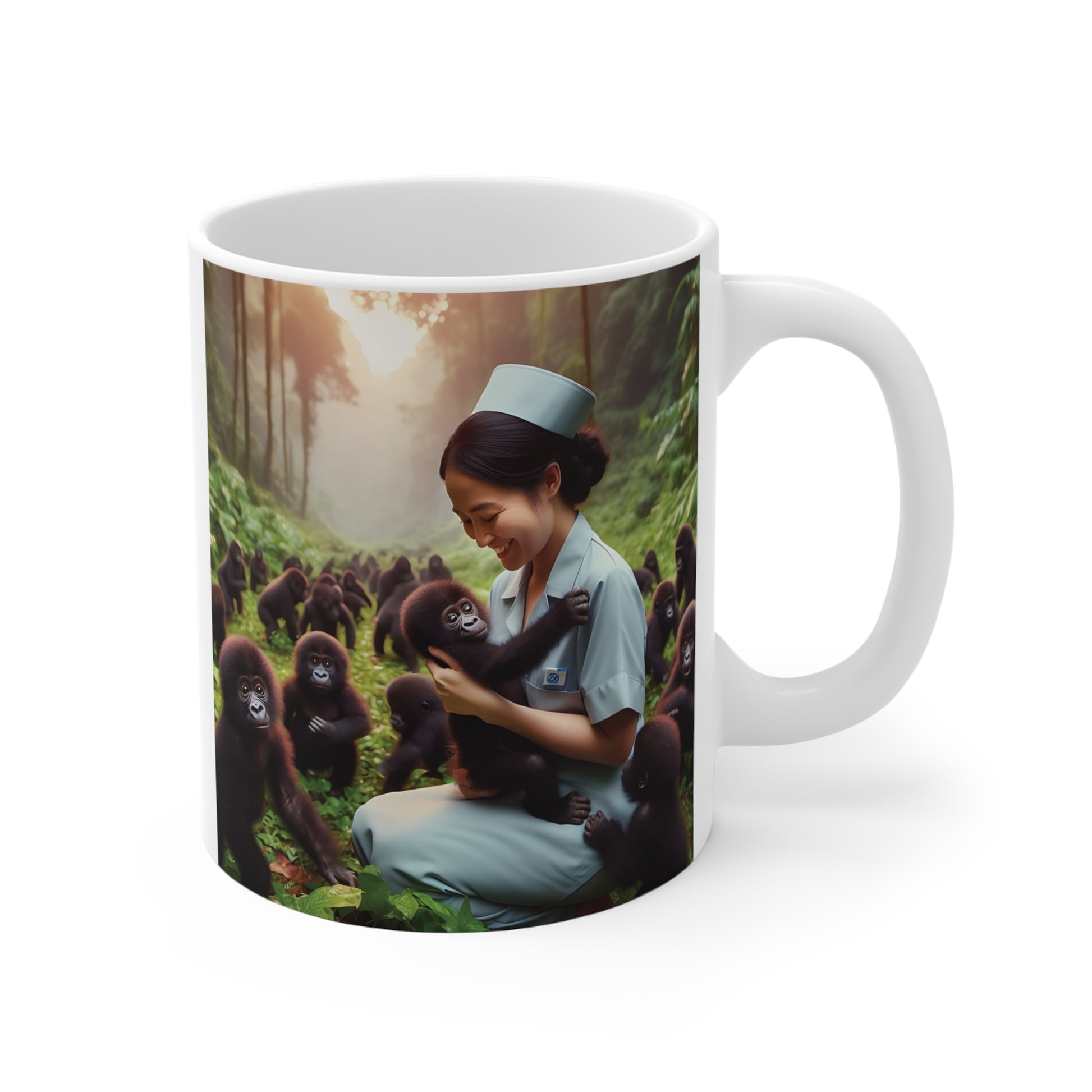 Heartwarming gorilla mug design featuring nurse holding baby gorilla surrounded by gorillas in lush jungle setting