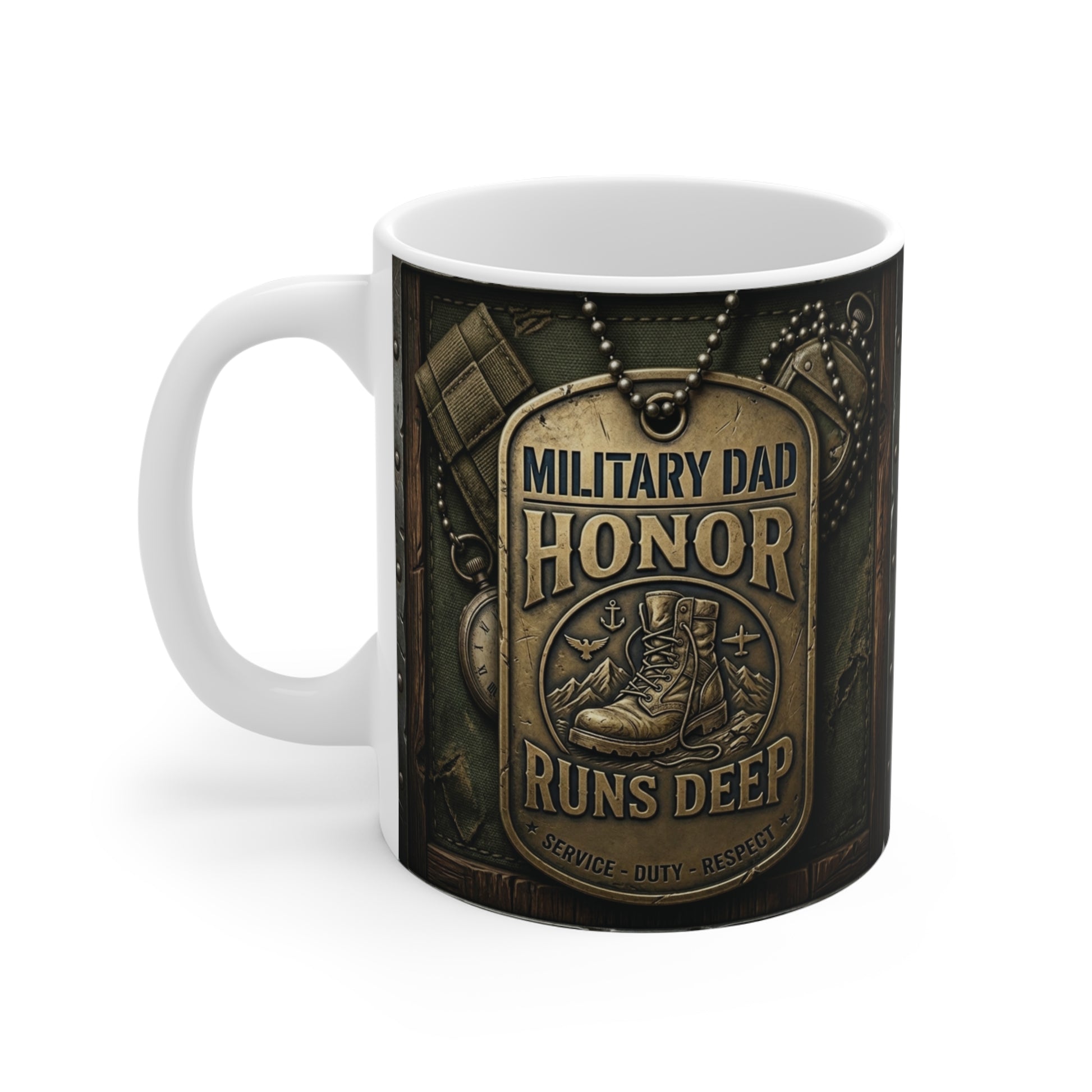 Vintage style military dad coffee mug with embossed badge design, perfect veteran gift for Father’s Day or military family
