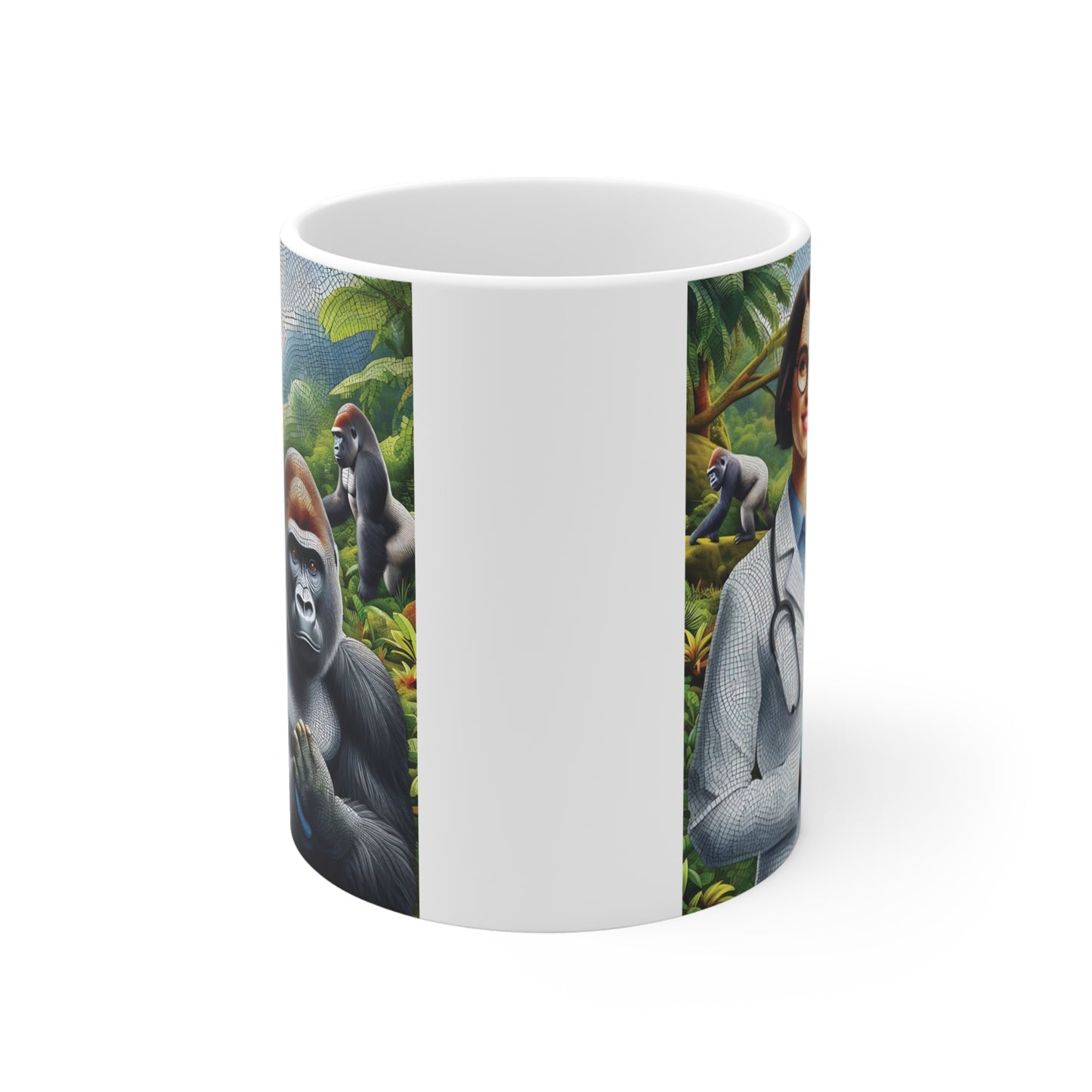 White mug decorated with colorful mosaic art showing a wildlife veterinarian caring for a gorilla, surrounded by tropical rainforest scenery and additional gorillas in the background.