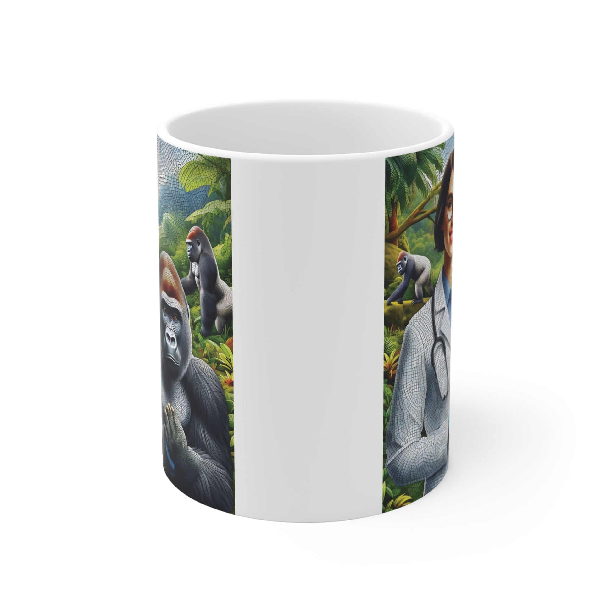 White mug decorated with colorful mosaic art showing a wildlife veterinarian caring for a gorilla, surrounded by tropical rainforest scenery and additional gorillas in the background.