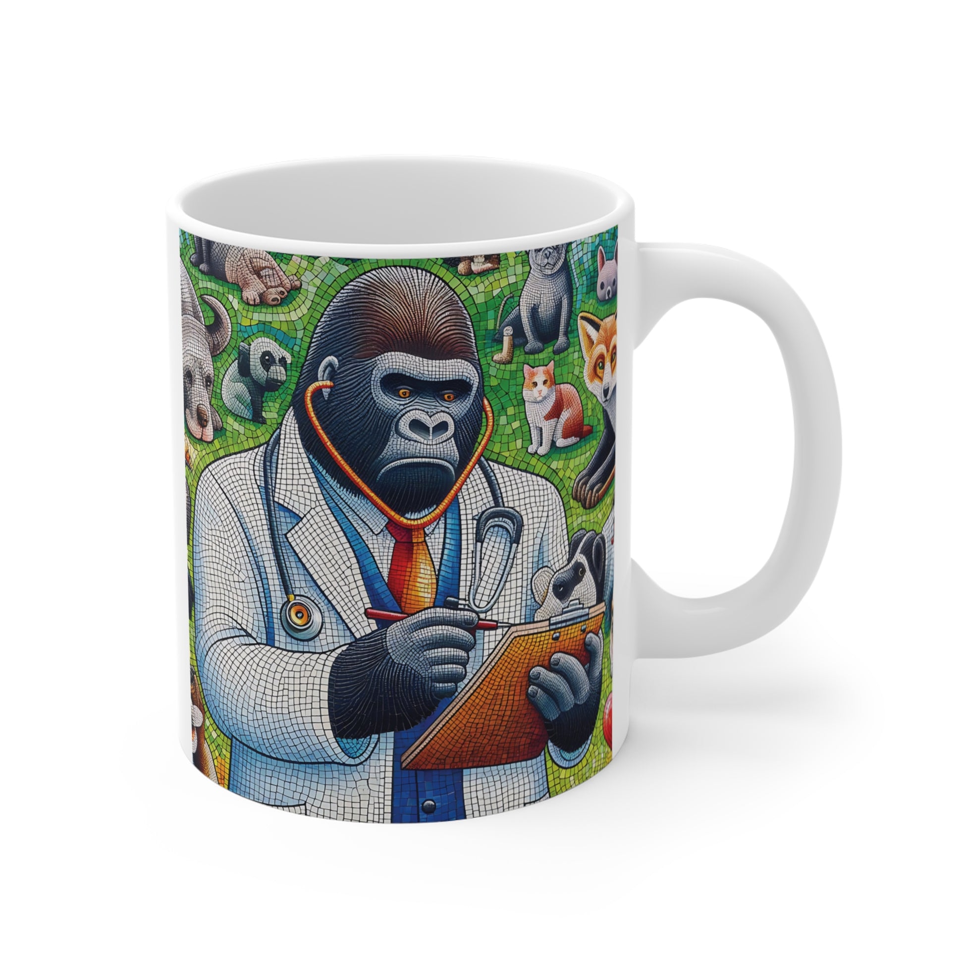 Colorful ceramic mug featuring a gorilla veterinarian wearing a white lab coat and stethoscope, holding a clipboard, surrounded by cats, dogs, rabbits, and other animals in detailed mosaic-style artwork.