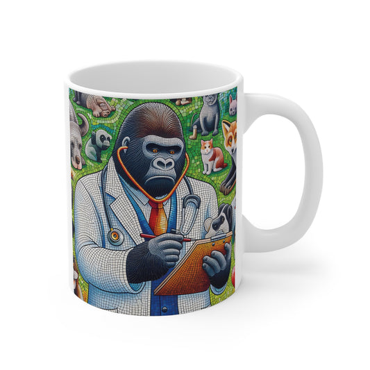 Colorful ceramic mug featuring a gorilla veterinarian wearing a white lab coat and stethoscope, holding a clipboard, surrounded by cats, dogs, rabbits, and other animals in detailed mosaic-style artwork.