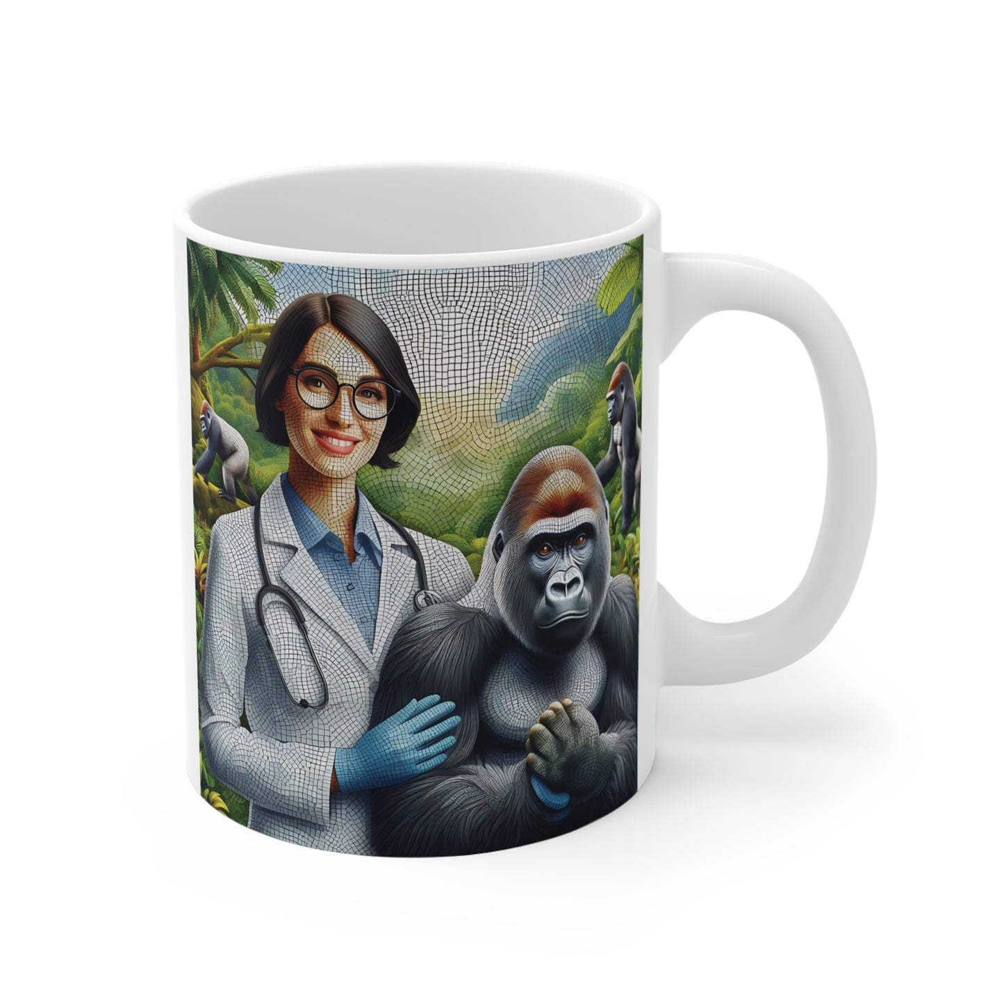 Ceramic coffee mug featuring a smiling female veterinarian with a stethoscope standing beside a majestic gorilla in a lush jungle setting, rendered in detailed mosaic-style artwork.