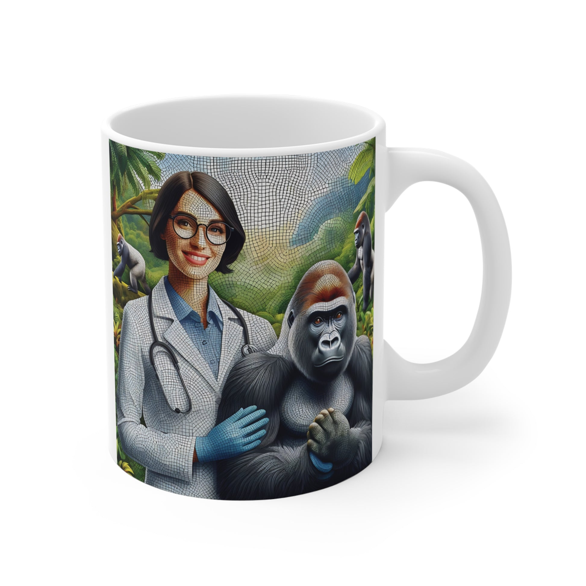 Ceramic coffee mug featuring a smiling female veterinarian with a stethoscope standing beside a majestic gorilla in a lush jungle setting, rendered in detailed mosaic-style artwork.