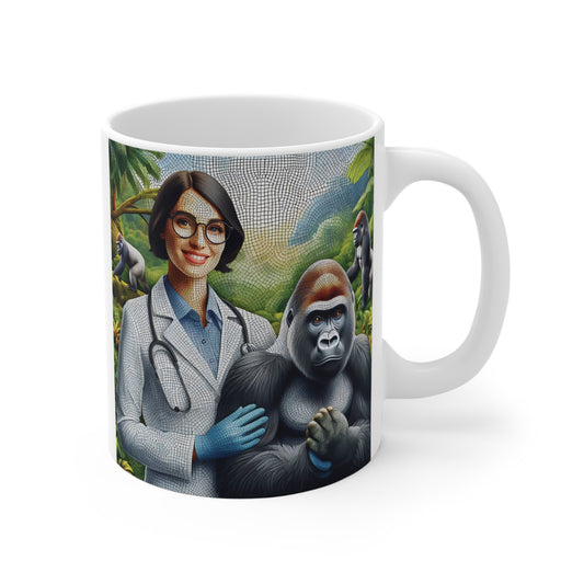 Ceramic coffee mug featuring a smiling female veterinarian with a stethoscope standing beside a majestic gorilla in a lush jungle setting, rendered in detailed mosaic-style artwork.