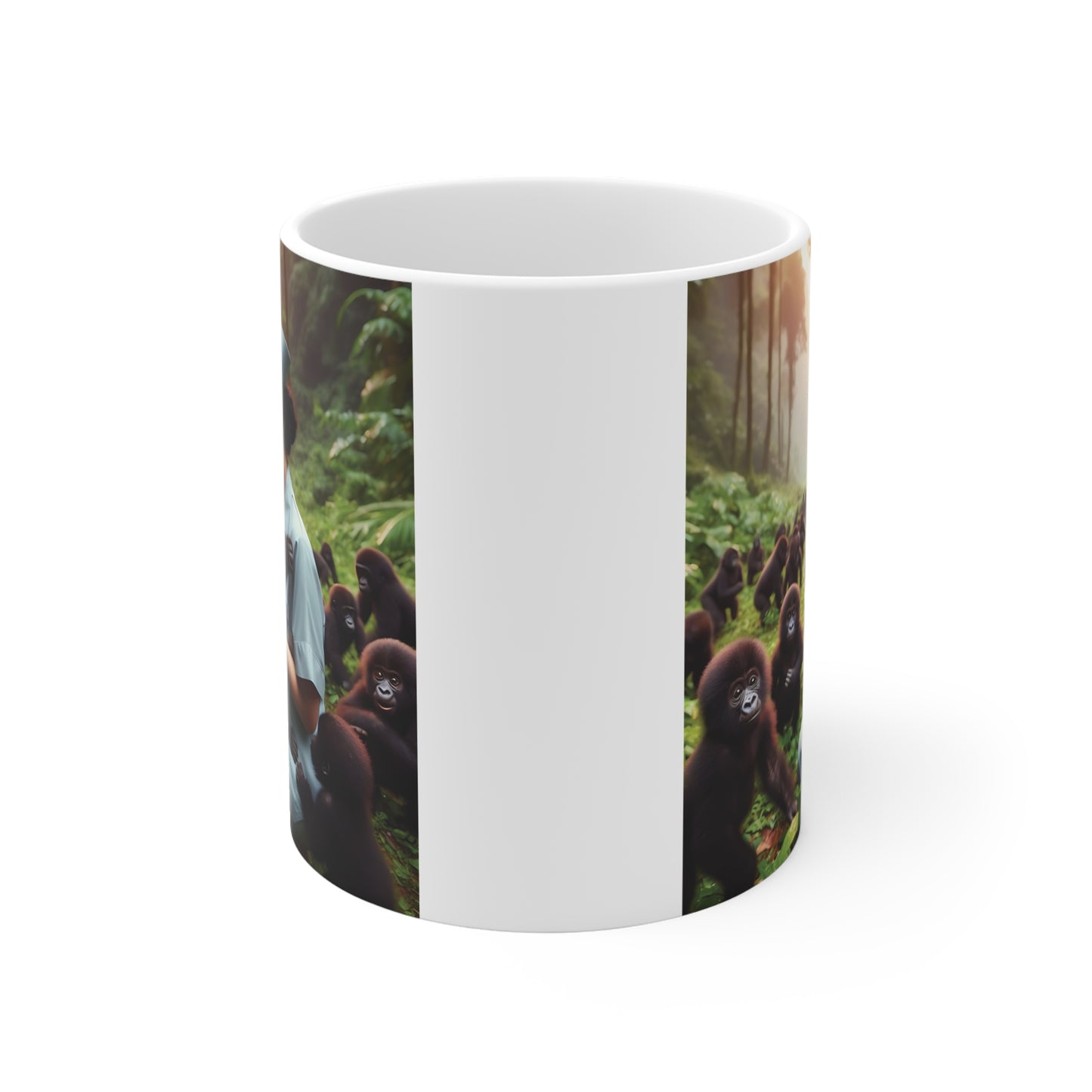 Unique animal-themed mug with nurse and baby gorilla bonding scene in tropical jungle with gorilla family around