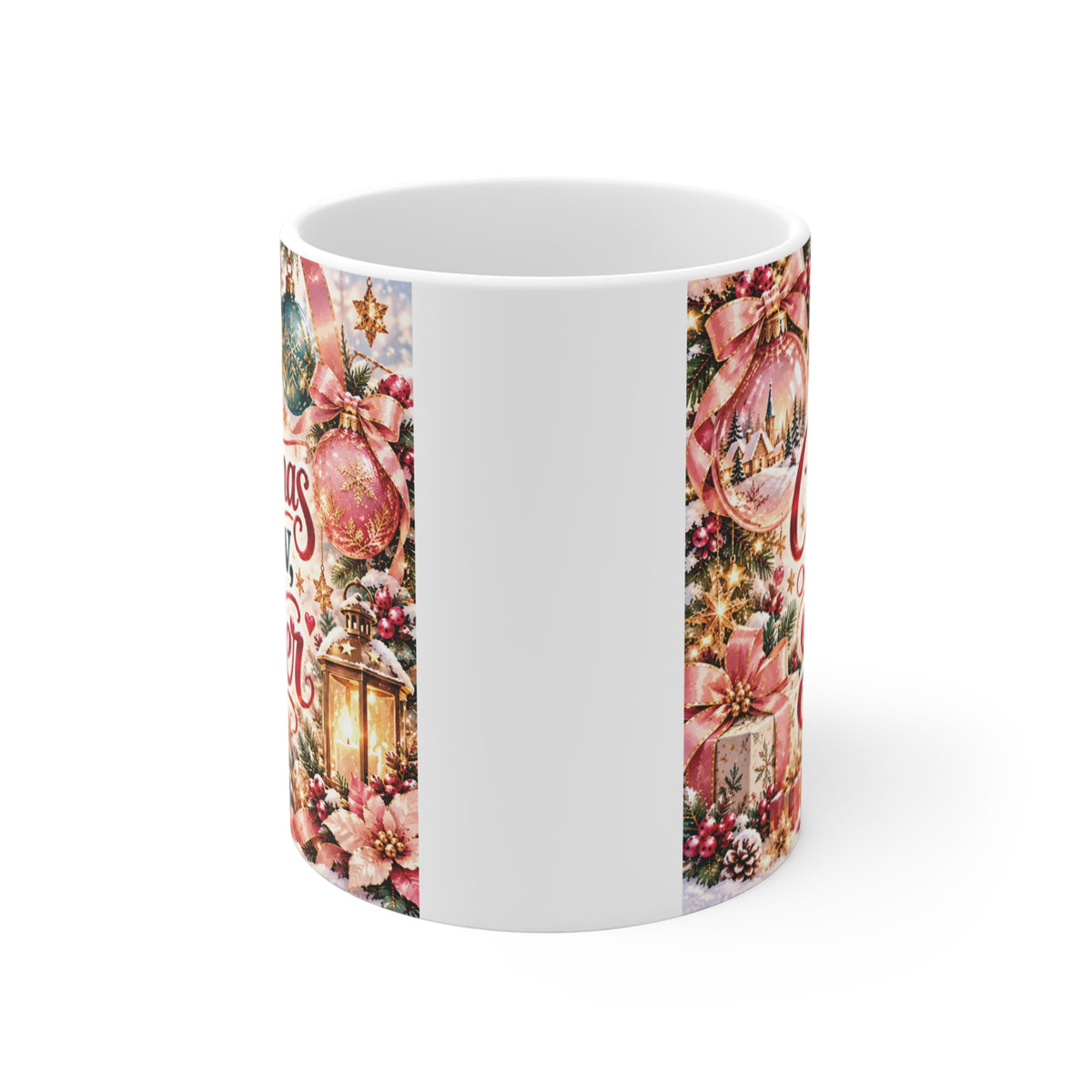 Festive holiday themed coffee mug with pastel ornaments, bows, and pine branches for sister gift ideas