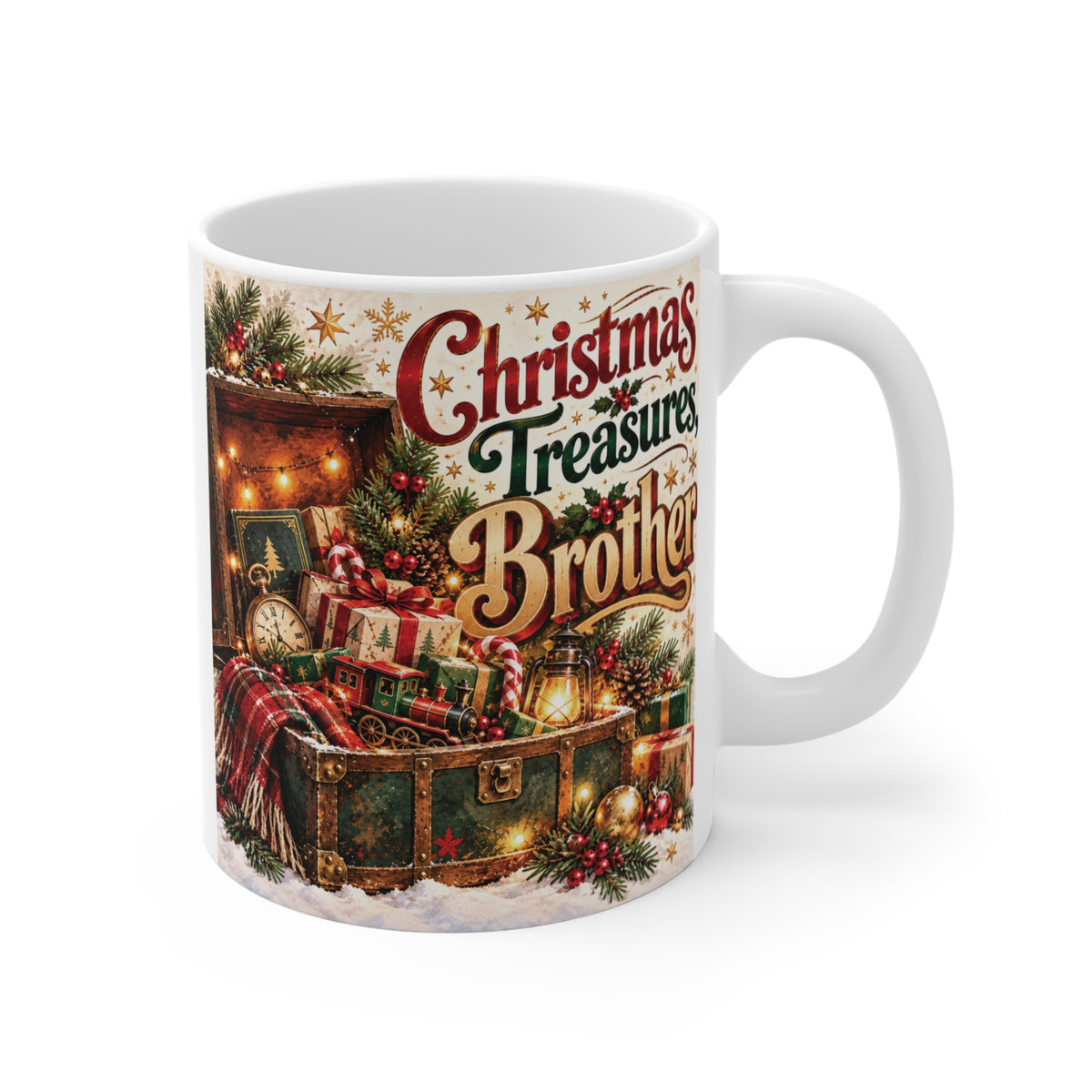 White 11oz ceramic coffee mug featuring vintage "Christmas Treasures Brother" holiday artwork with a festive treasure chest and warm fairy lights.