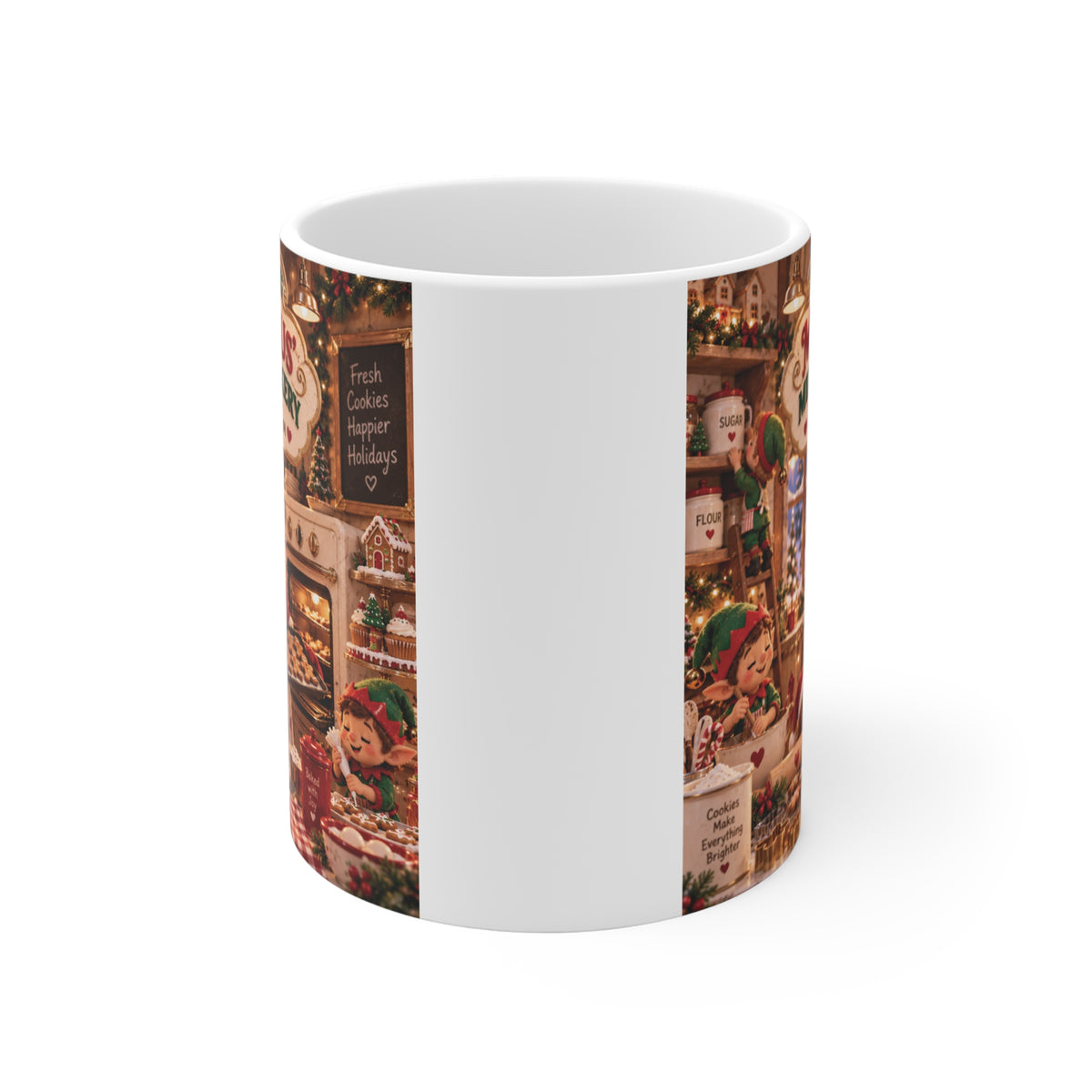 Vintage Mrs. Claus Christmas mug featuring a cozy holiday kitchen and baking scene, perfect Christmas gift for bakers and cookie lovers