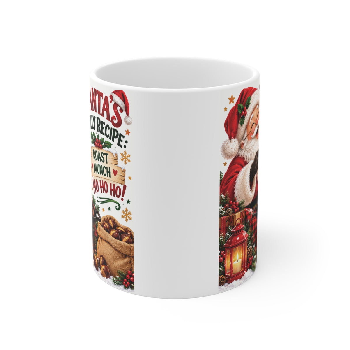 Vintage Santa Claus coffee mug with festive red and green Christmas details, roasting chestnuts scene and cozy holiday design.