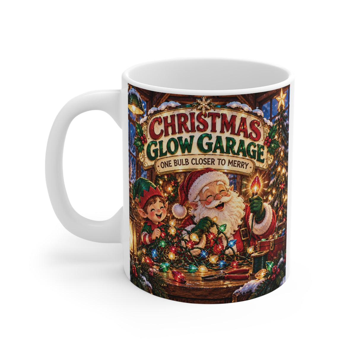Vintage Santa Christmas mug with glowing holiday lights, cheerful elf and Christmas Glow Garage design for garage and decorating enthusiasts.