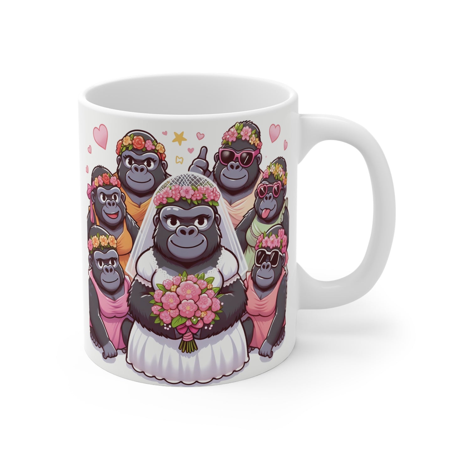 Funny gorilla wedding mug with bride gorilla and bridesmaid apes wearing flower crowns – cute bridal party coffee cup gift