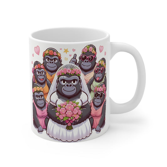 Funny gorilla wedding mug with bride gorilla and bridesmaid apes wearing flower crowns – cute bridal party coffee cup gift