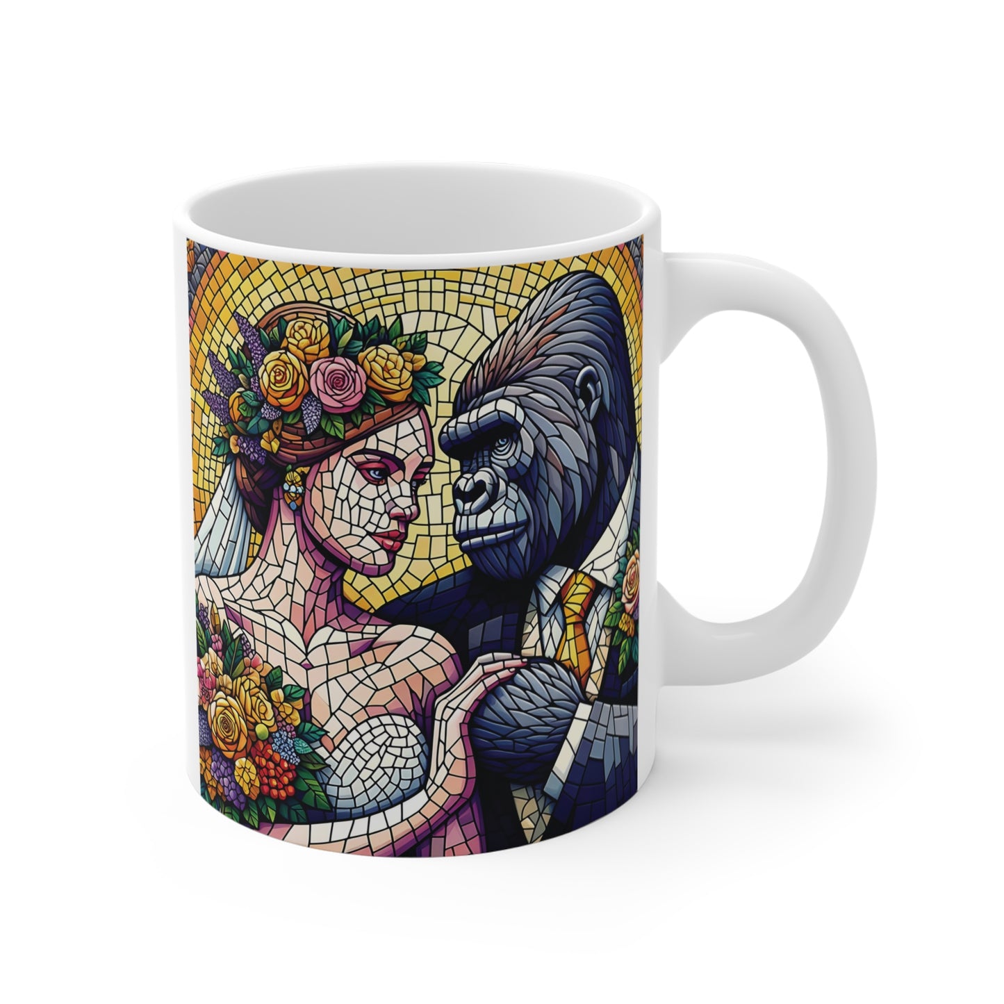 Mosaic art gorilla and woman couple mug, colorful stained glass style 11oz coffee cup gift for animal lovers and unique art collectors