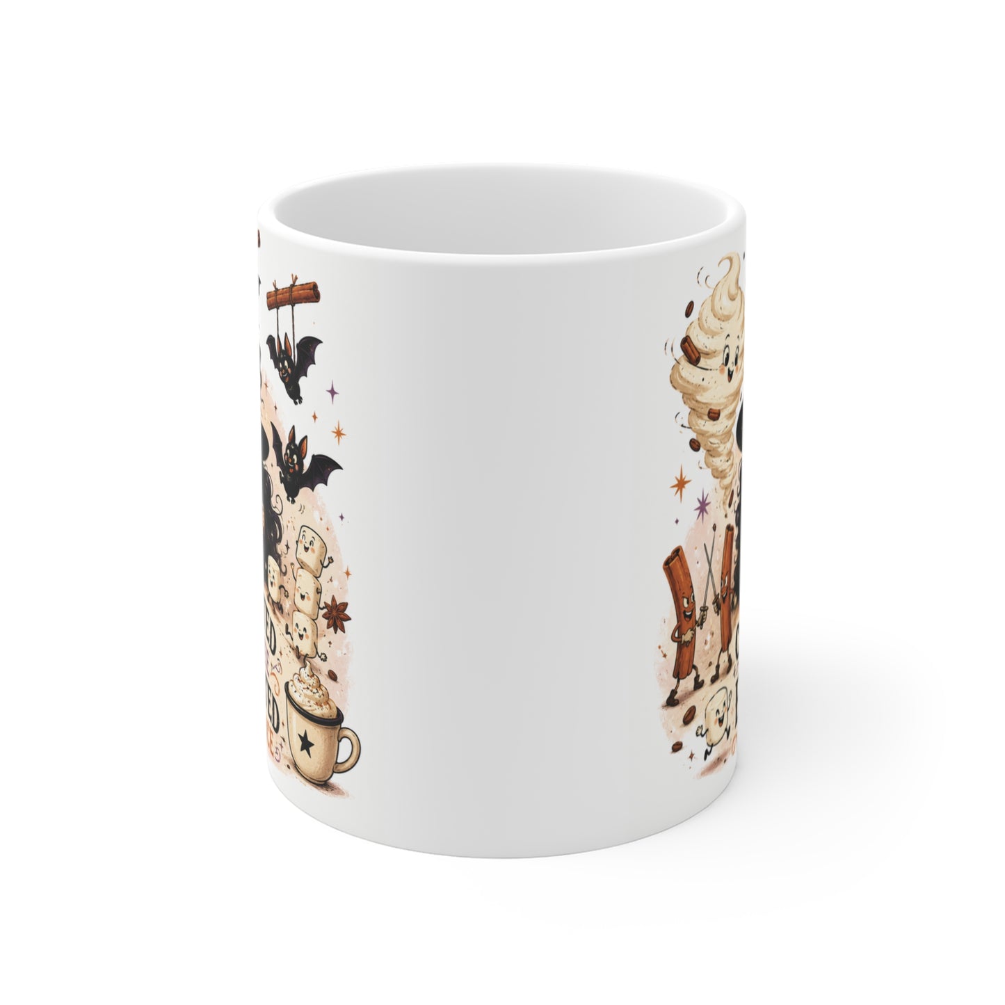 11oz ceramic Halloween coffee mug with whimsical witch, flying bats, coffee-themed artwork, and the saying "Caffeinated by Coffee, Enchanted by Choice."