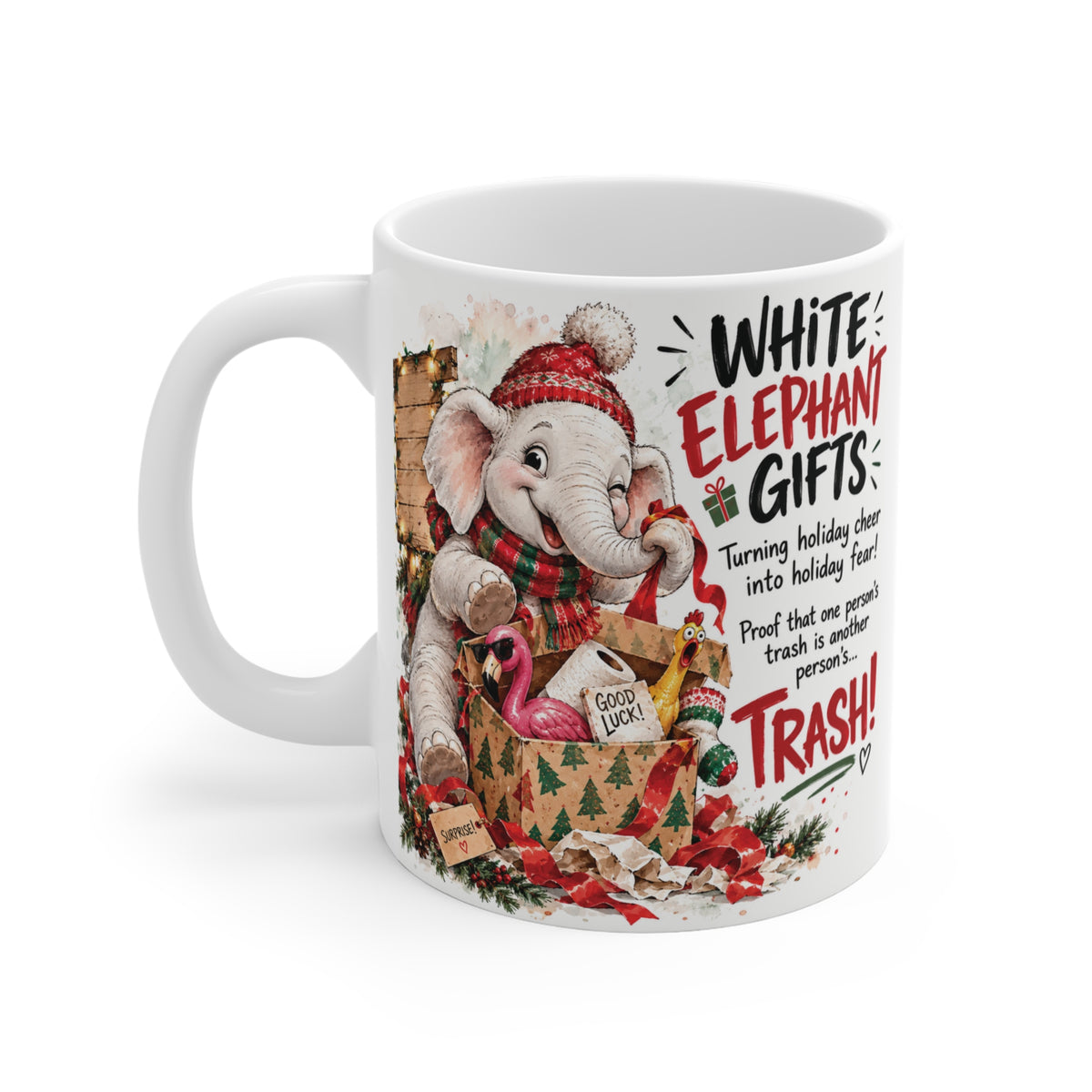 White Elephant Christmas mug with a playful holiday elephant design, perfect for coworker parties, Christmas swaps and funny gift exchanges.