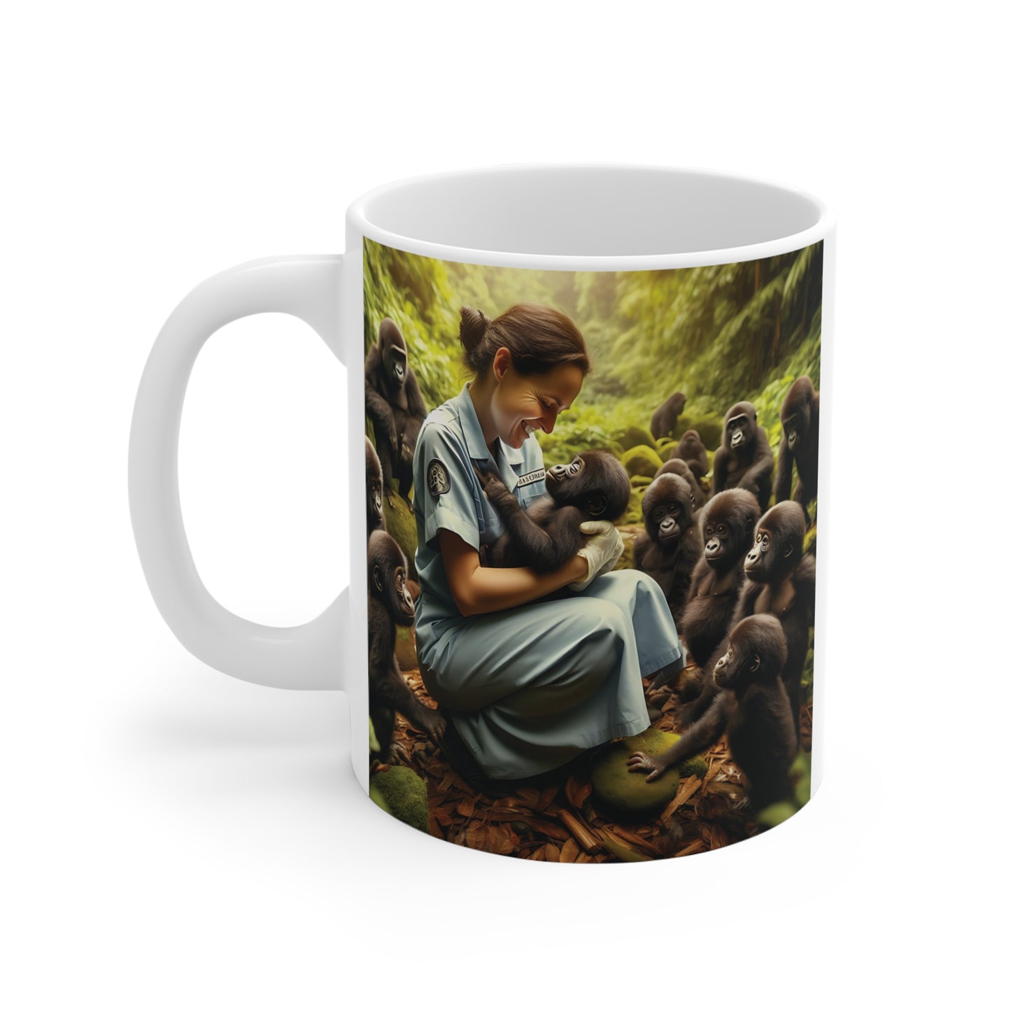 Decorative ceramic mug with a compassionate caregiver interacting with baby gorillas in a peaceful jungle sanctuary scene with realistic wildlife artwork.