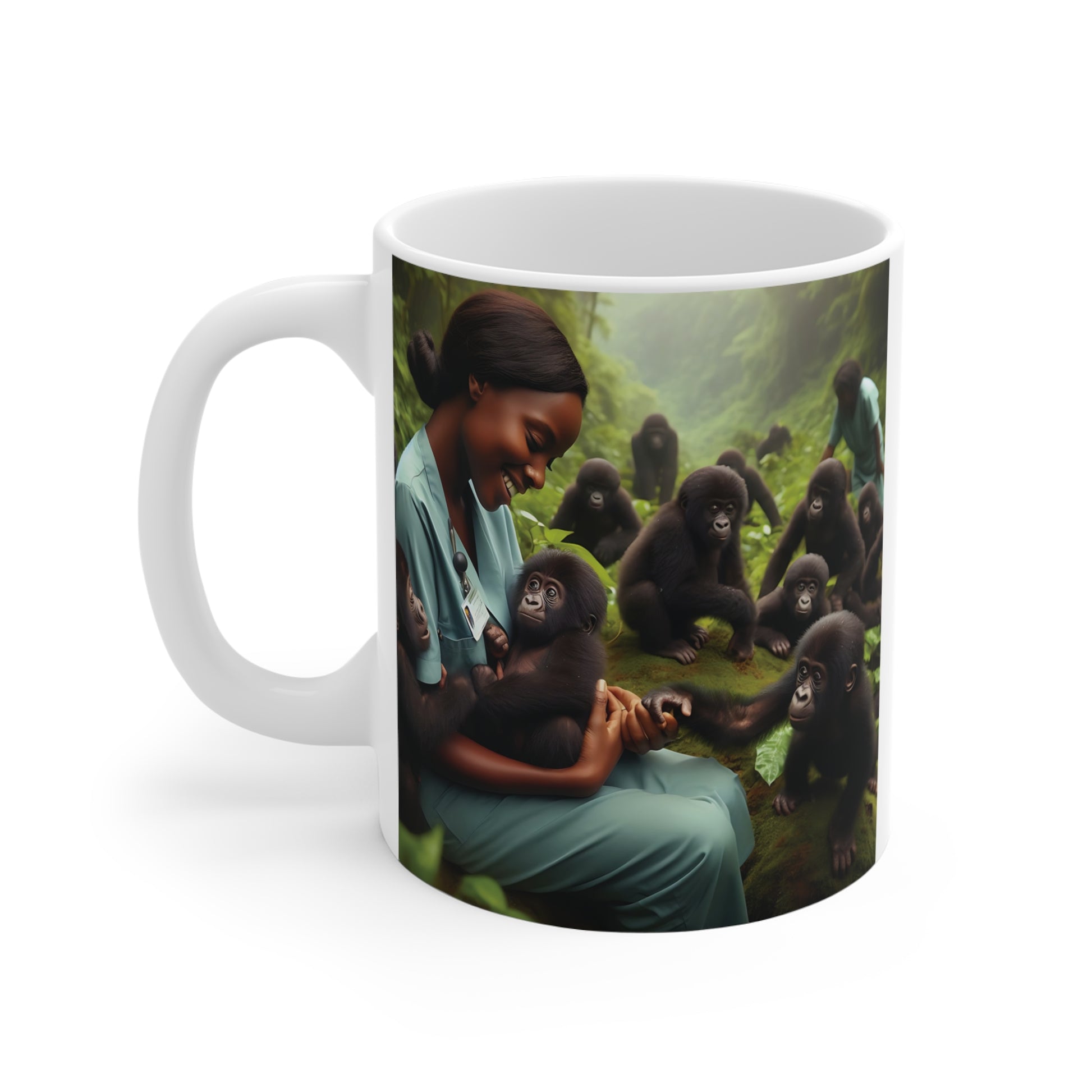 Decorative ceramic mug with a gentle nurse interacting with young gorillas in a peaceful jungle environment, designed in a realistic fantasy art style.