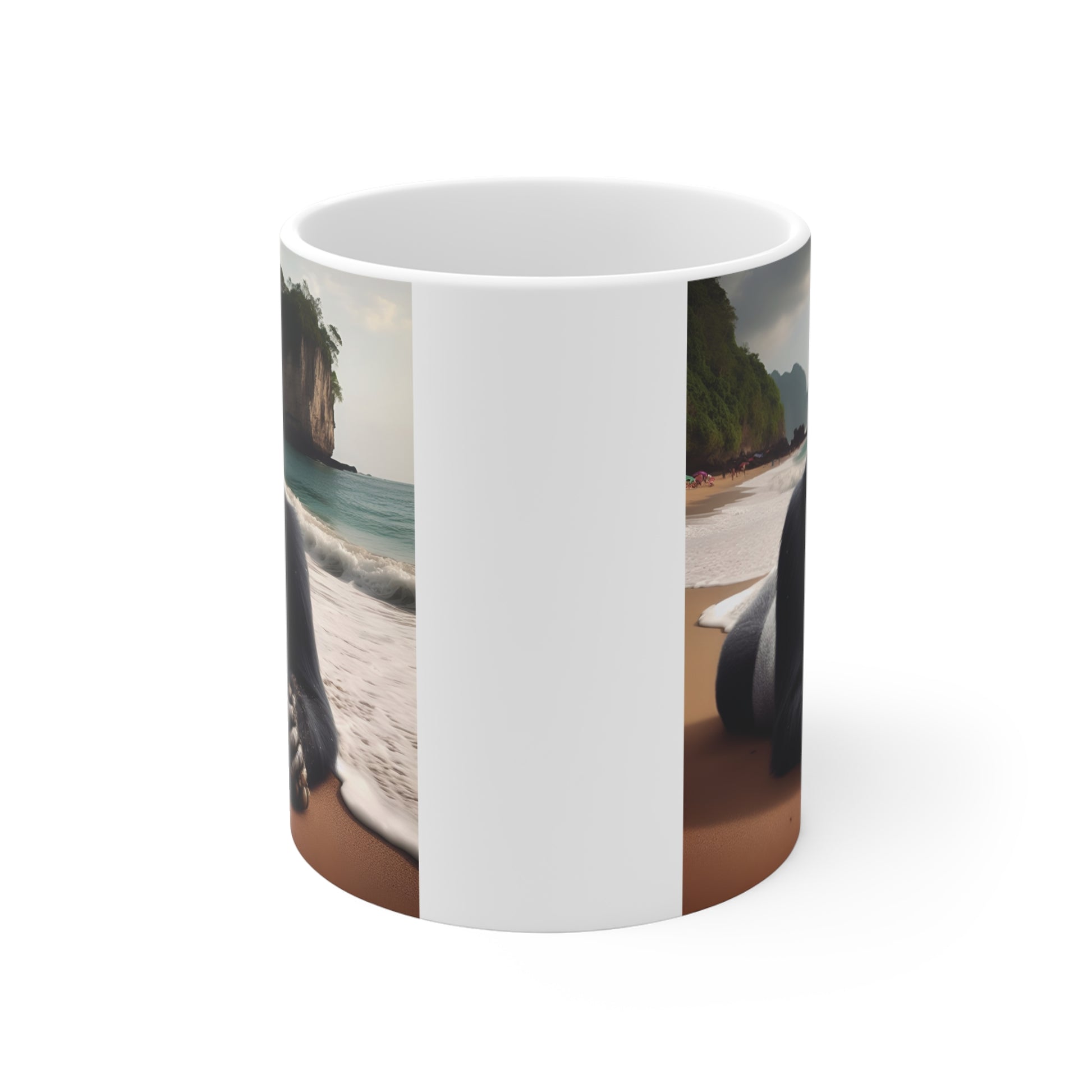 Gorilla on Beach Coffee Mug Featuring Realistic Ape and Ocean Waves, Unique Animal Lover Ceramic Cup