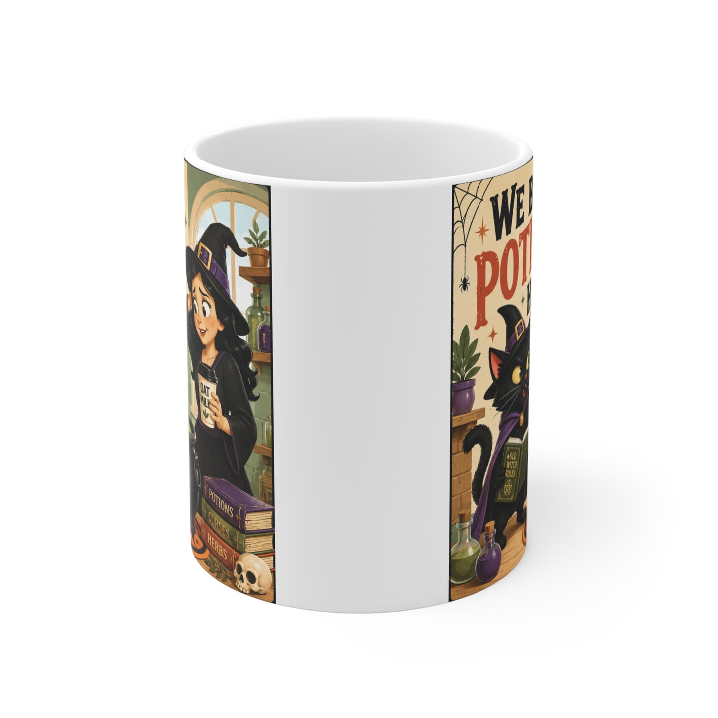 Cute Halloween ceramic mug featuring a black cat witch pointing at a bubbling cauldron while a young witch holds an oat milk latte.