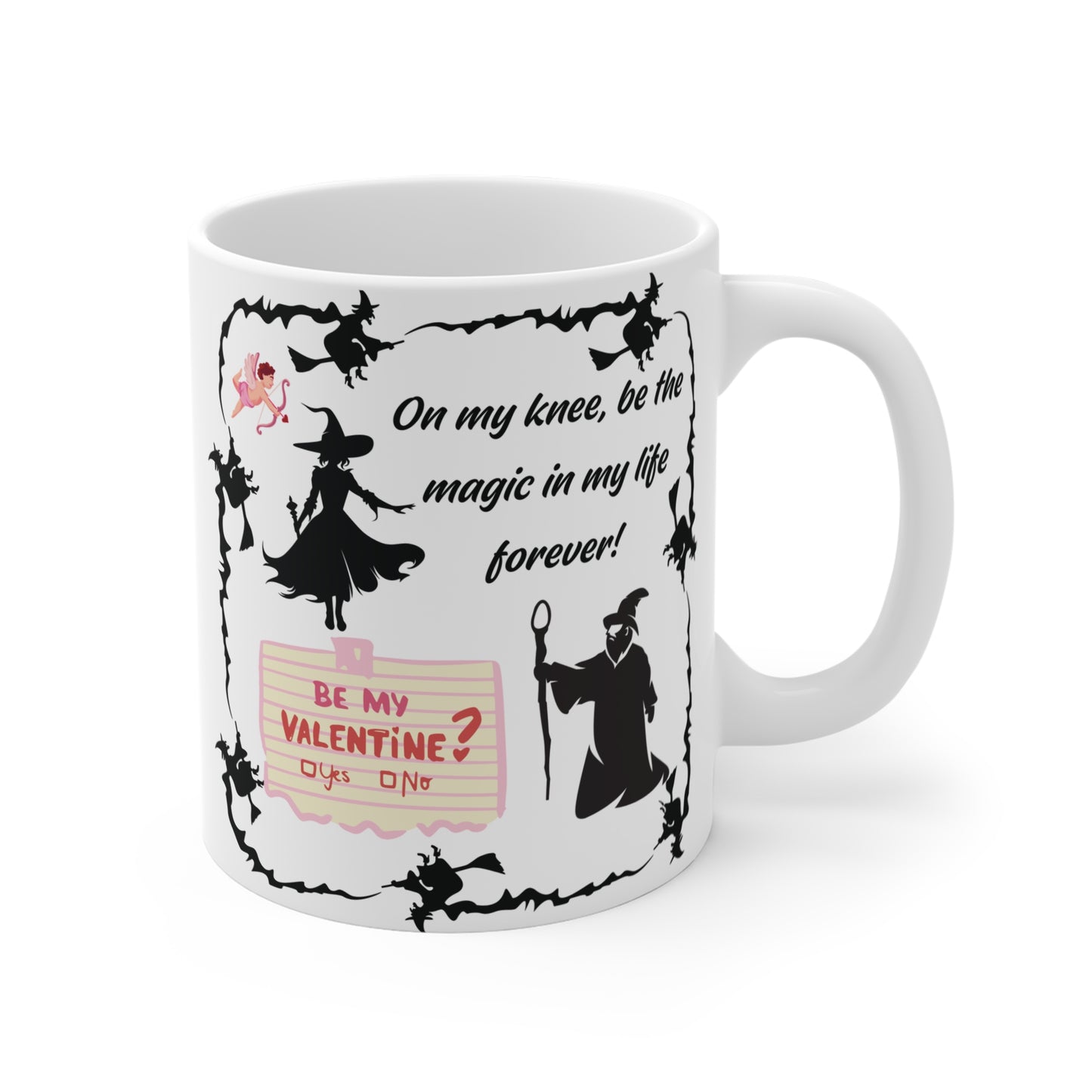 Cute witch and wizard Valentine mug design with romantic quote and yes or no card, whimsical love theme gift for couples