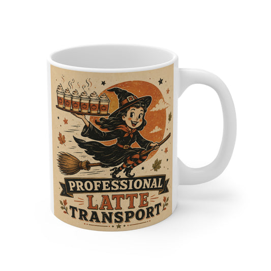 White 11oz coffee mug featuring a vintage witch flying on a broomstick carrying a tray of lattes with the words Professional Latte Transport.