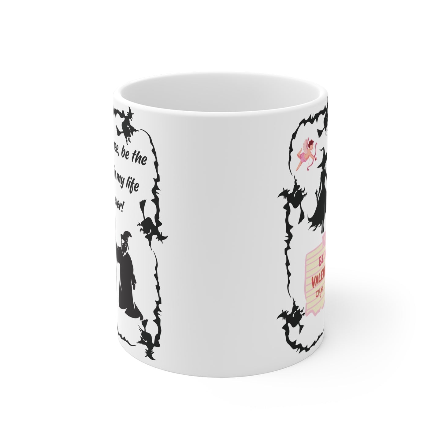 Magical Valentine proposal mug featuring witches, fairy and love message, unique romantic gift for girlfriend or boyfriend
