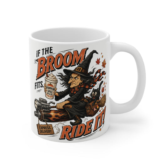 Funny vintage Halloween witch riding a broom while holding a giant pumpkin spice latte with black cat and retro "If The Broom Fits, Ride It!" typography printed on an 11oz ceramic coffee mug.