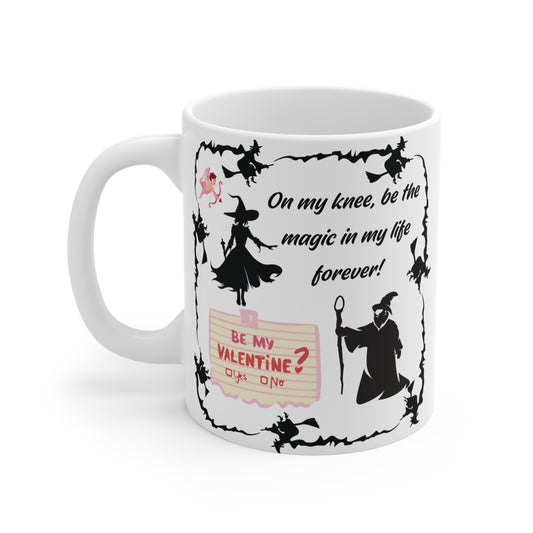 Valentine’s Day proposal mug with witch and wizard silhouettes, romantic ‘be my valentine’ message, magical love gift idea