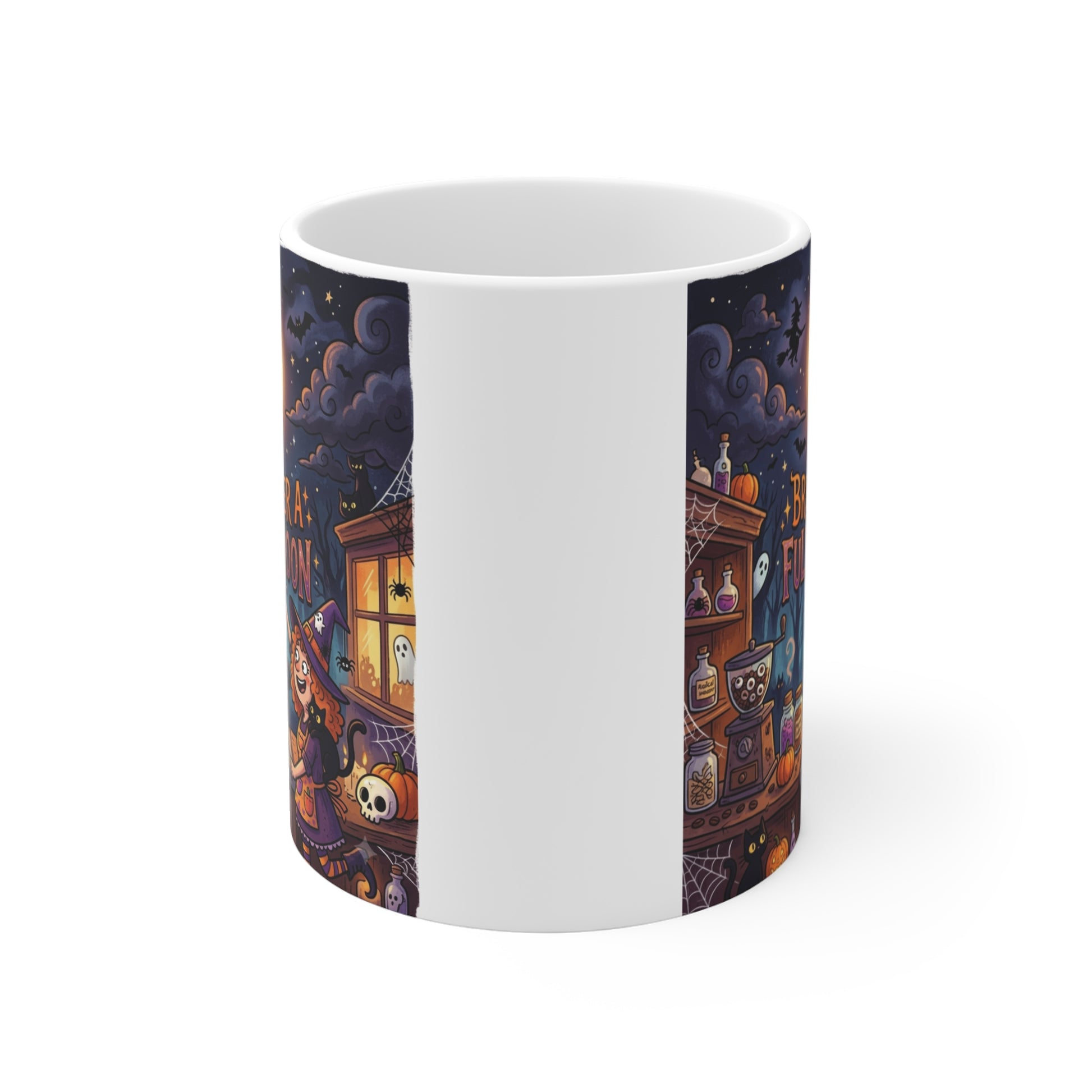 11oz ceramic coffee mug featuring "Brewed Under a Full Bean Moon" with a whimsical witch brewing coffee beneath a glowing coffee bean moon in a cozy Halloween village at night.