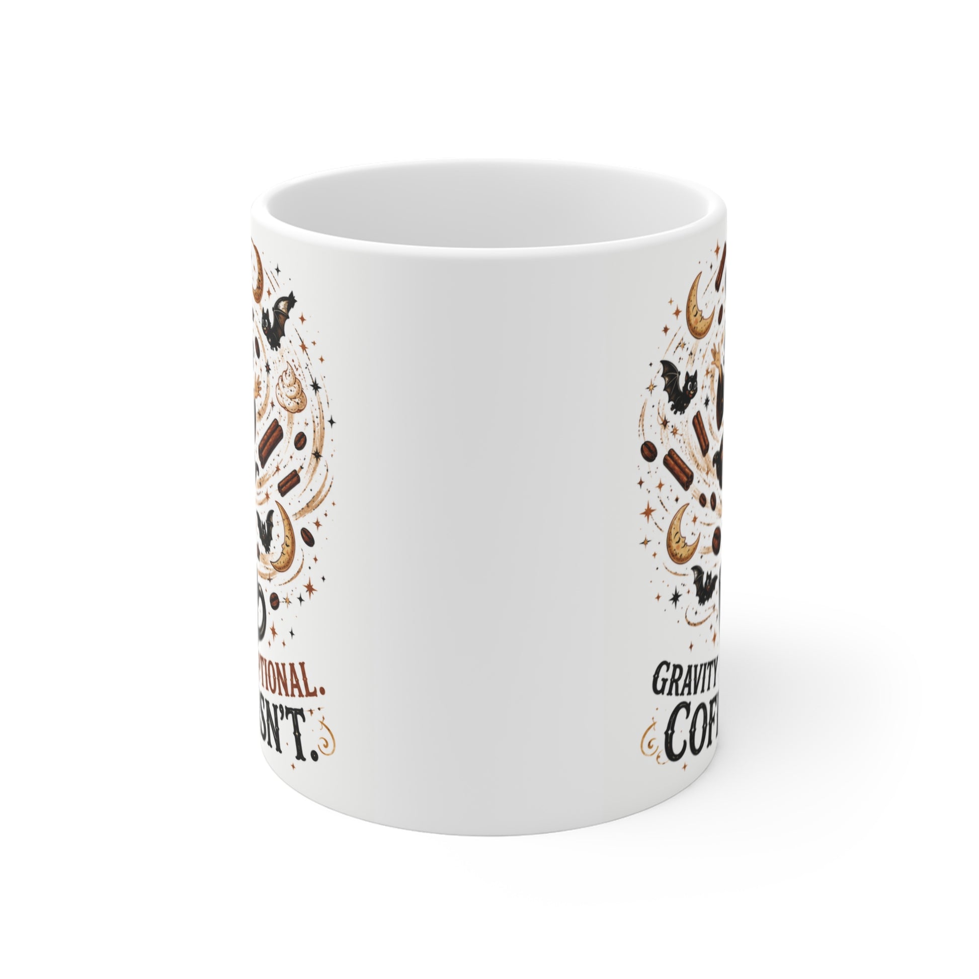 Witchy aesthetic coffee mug with vintage magic illustration bats moons and text Gravity is Optional Coffee Isnt