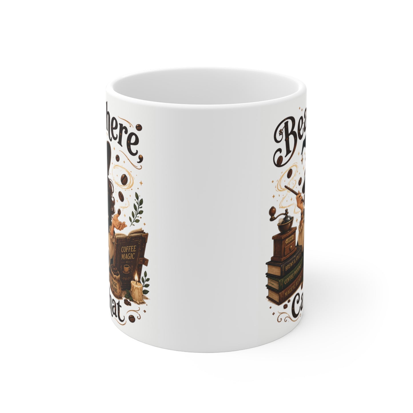 Witchy coffee cup illustration showing a witch casting a brew spell surrounded by magic beans