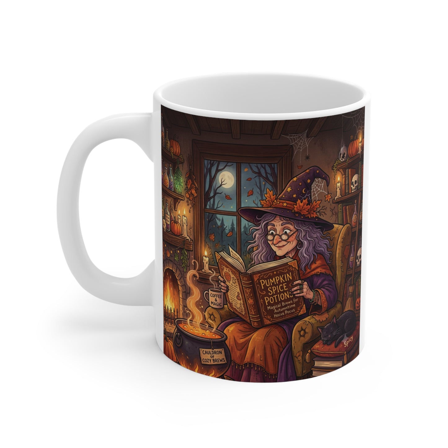 Side view of an 11oz cozy fall coffee cup printed with a witchy cottagecore illustration and cauldron brew scene.