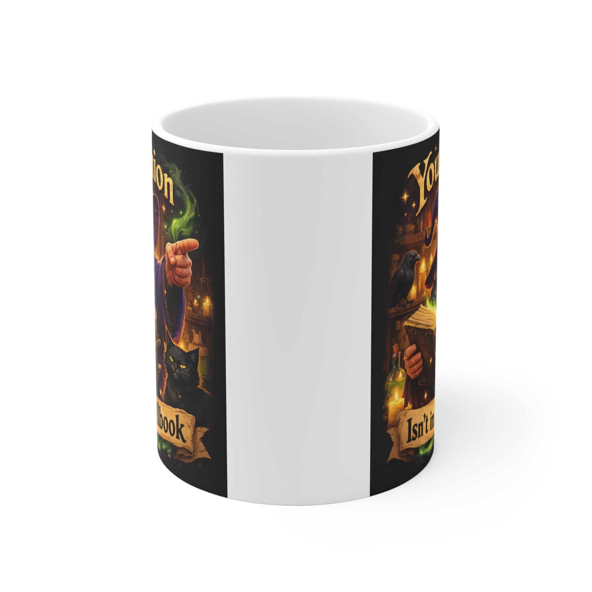 Sarcastic wizard coffee mug with fantasy art for D&D players and Dungeon Masters, featuring spellbook illustration.