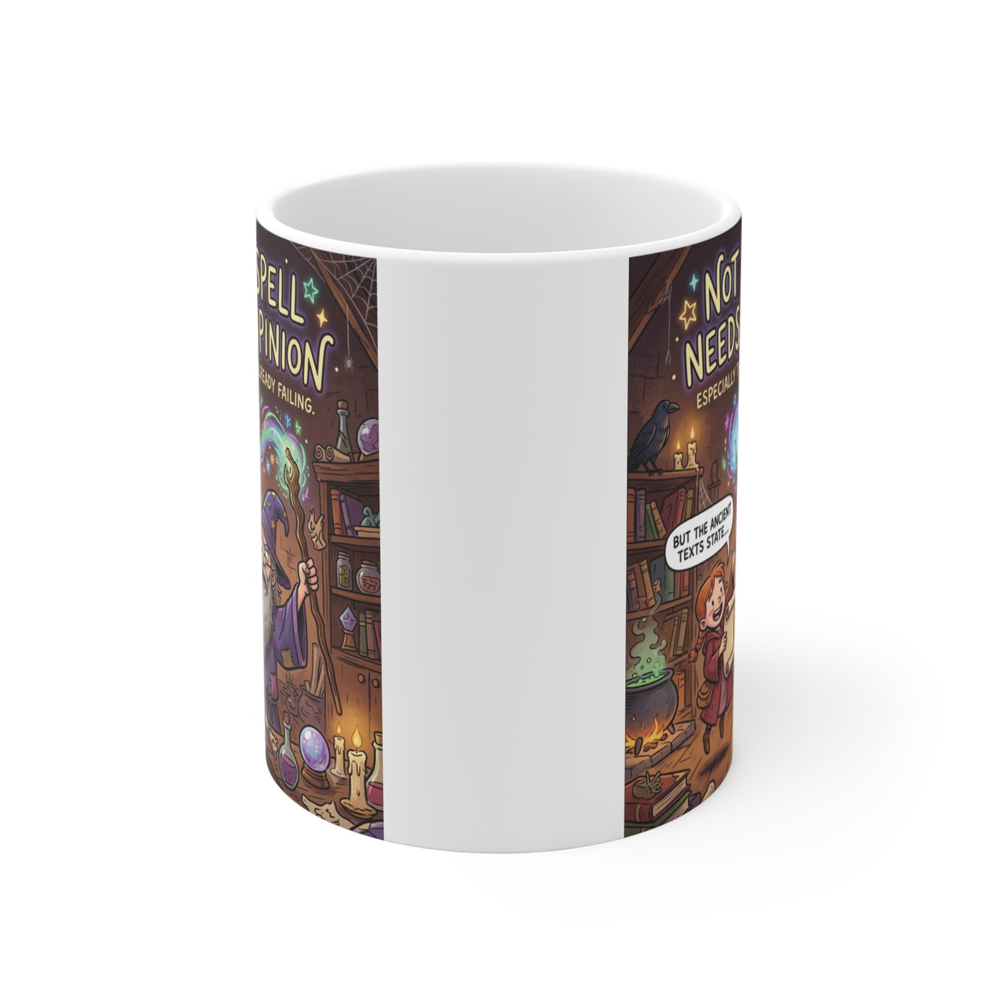 Funny Dungeons and Dragons wizard coffee mug with sarcastic fantasy artwork and speech bubbles on a white ceramic background
