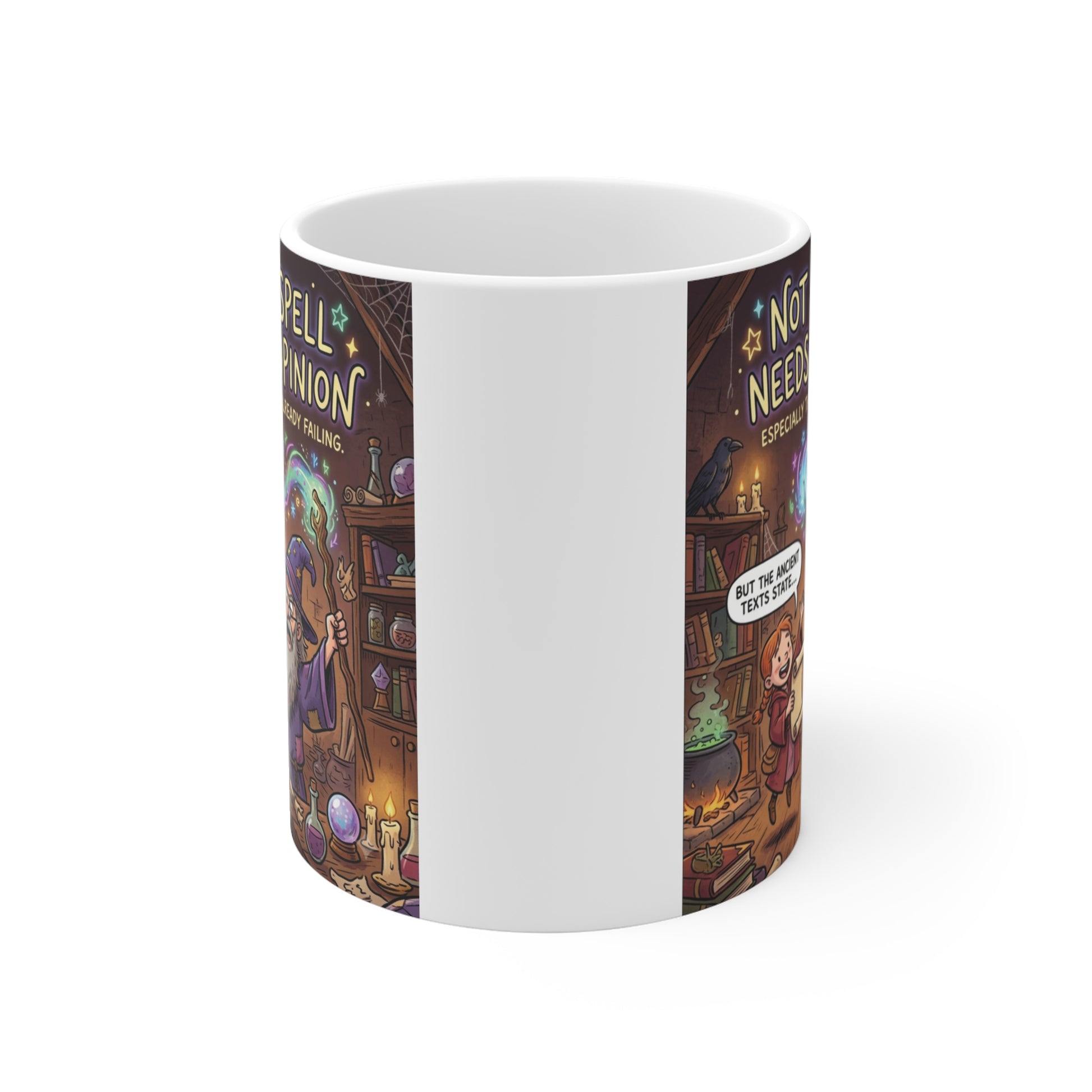 Funny Dungeons and Dragons wizard coffee mug with sarcastic fantasy artwork and speech bubbles on a white ceramic background