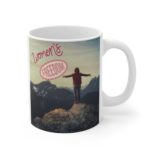 Women’s freedom mug with mountain landscape and woman standing on cliff, inspirational empowerment coffee cup gift