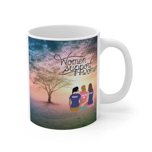 Women support women mug with sunset landscape and three female friends illustration, empowerment gift for her