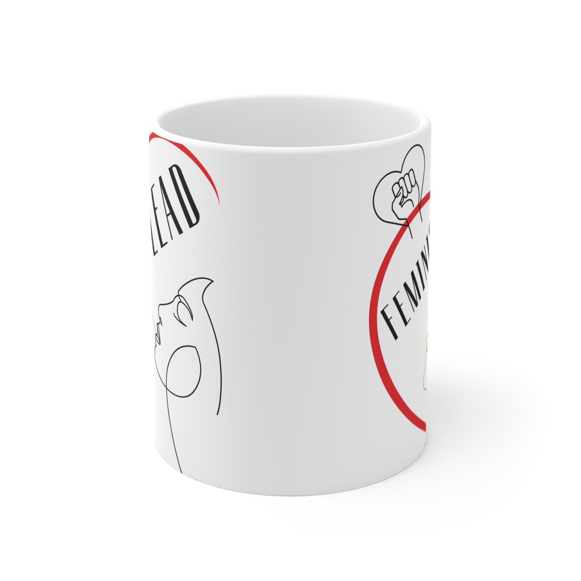 Women empowerment coffee mug featuring ‘Feminist Lead’ text, modern line drawing faces, and equality symbol artwork