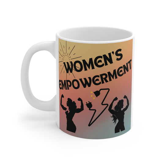 Women’s empowerment mug with bold typography and strong female silhouettes, motivational feminist coffee cup gift