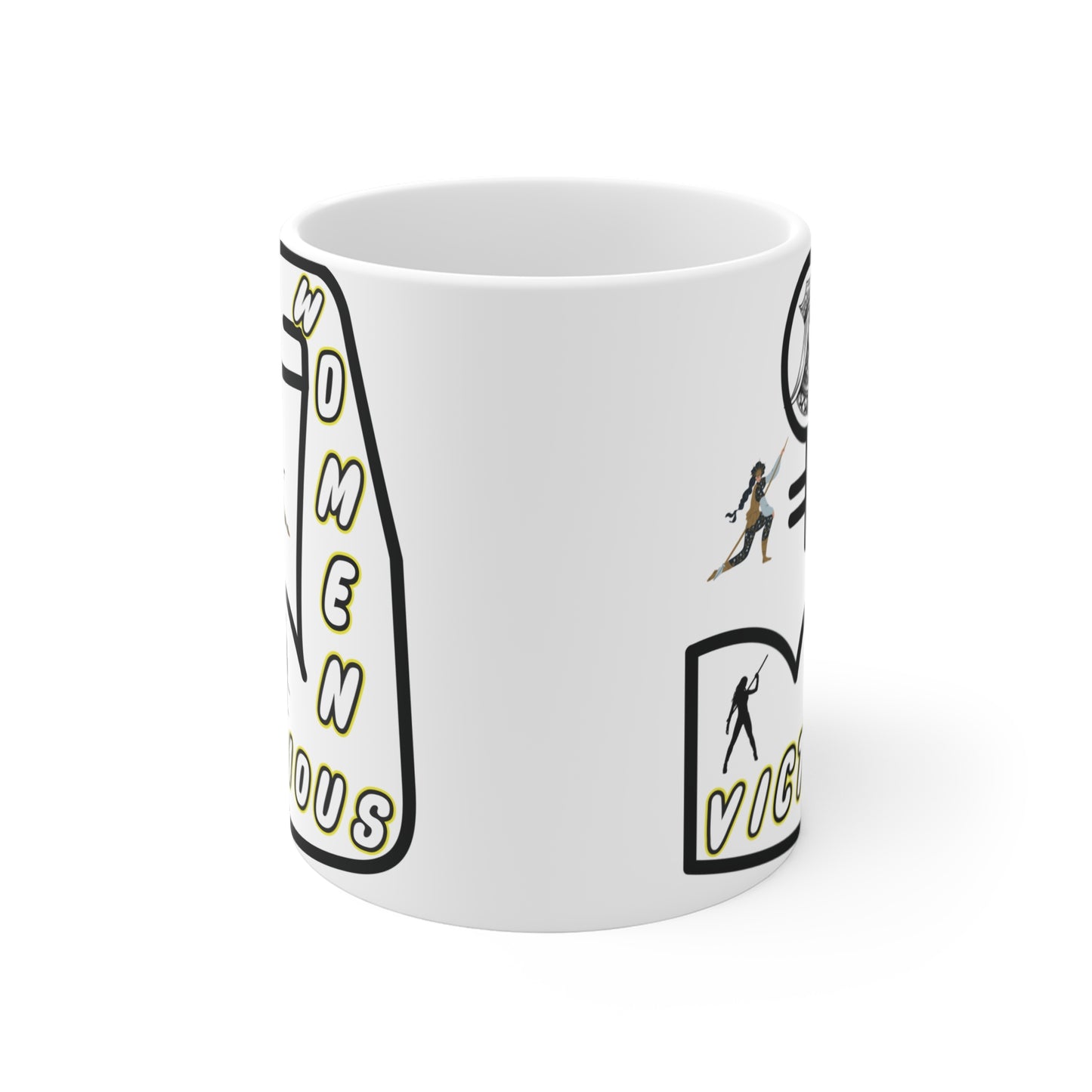 White ceramic mug with women empowerment graphics and ‘Strong Victorious’ quote, equality and strength design gift