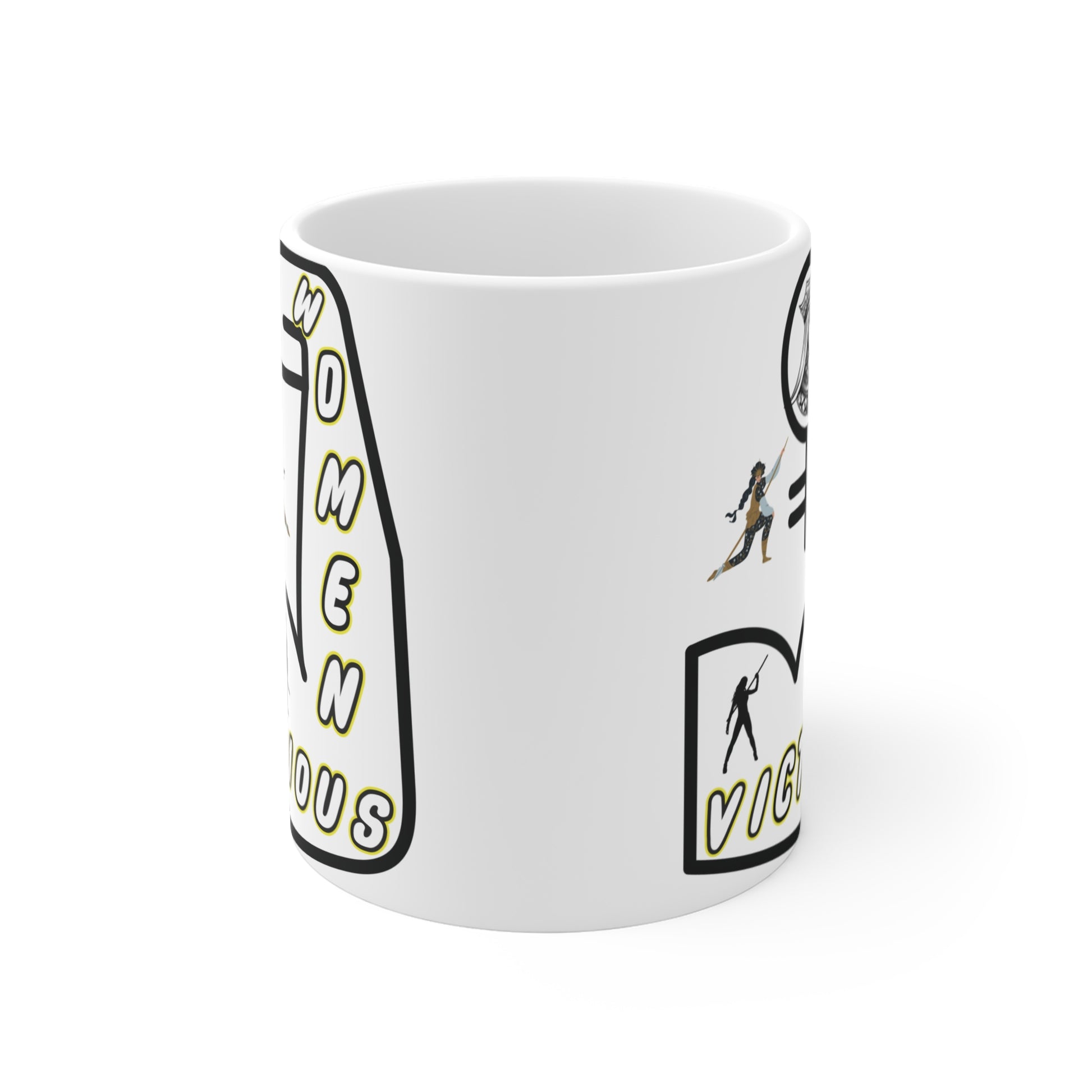 White ceramic mug with women empowerment graphics and ‘Strong Victorious’ quote, equality and strength design gift