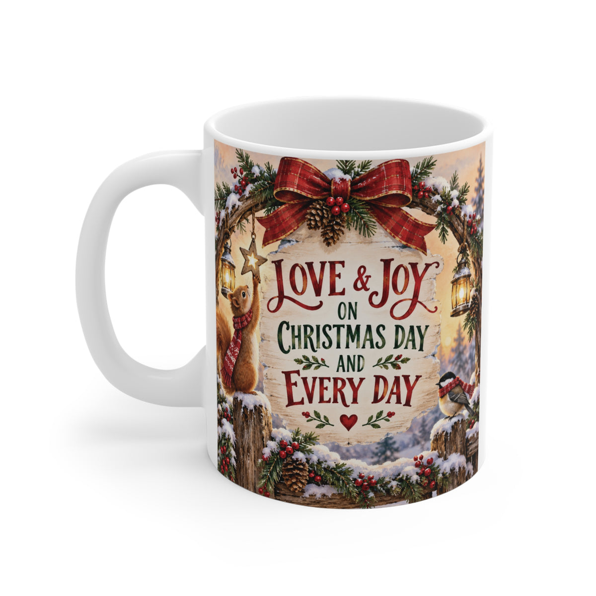 Cozy woodland Christmas mug with Love & Joy message, squirrel, winter bird, snowy evergreens, pinecones and traditional red Christmas bow.