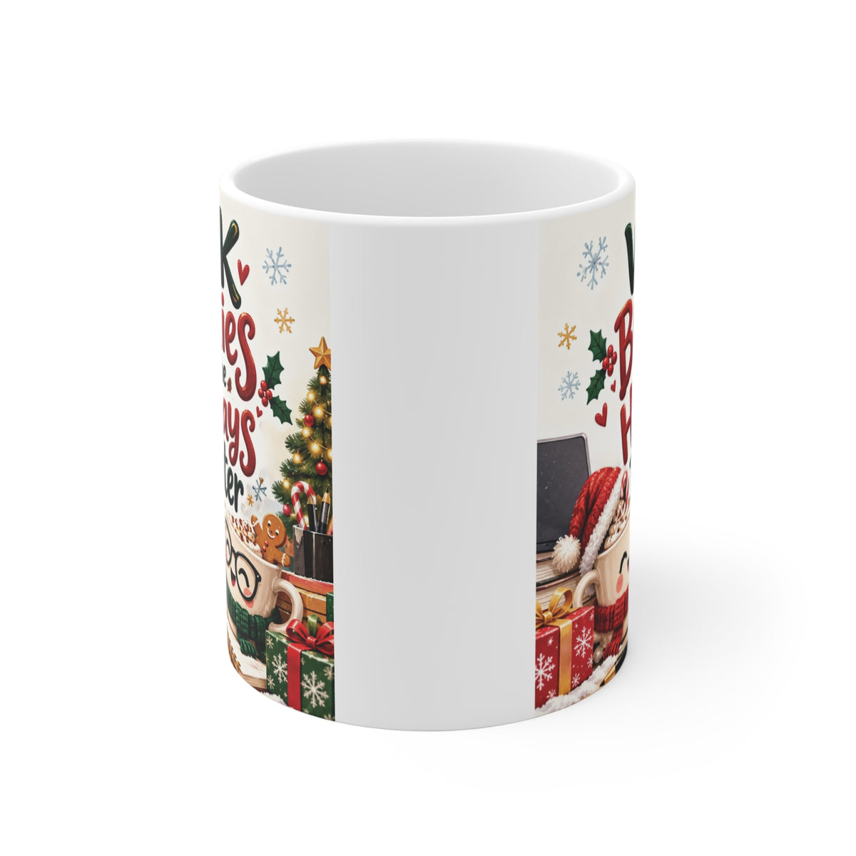 Cute work bestie Christmas mug with two cheerful illustrated coffee cups wearing winter scarves and a festive Work Buddies Make the Holidays Brighter message.