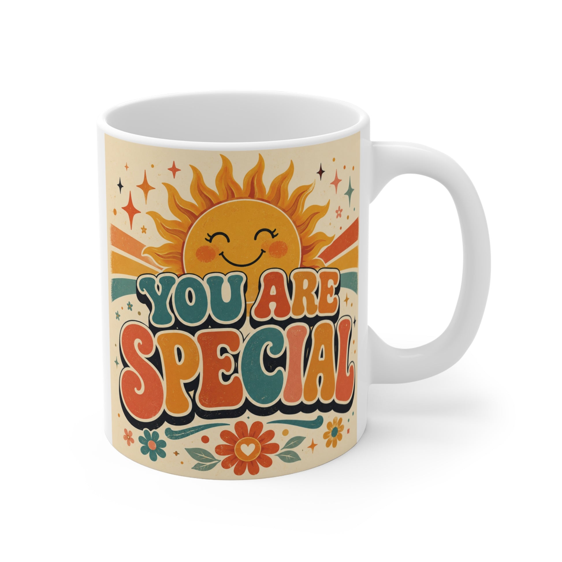 You Are Special 11oz ceramic coffee mug featuring a smiling sunshine, vintage colorful typography, and floral design on a cream background. Inspirational affirmation gift for women, friends, teachers, and coworkers.