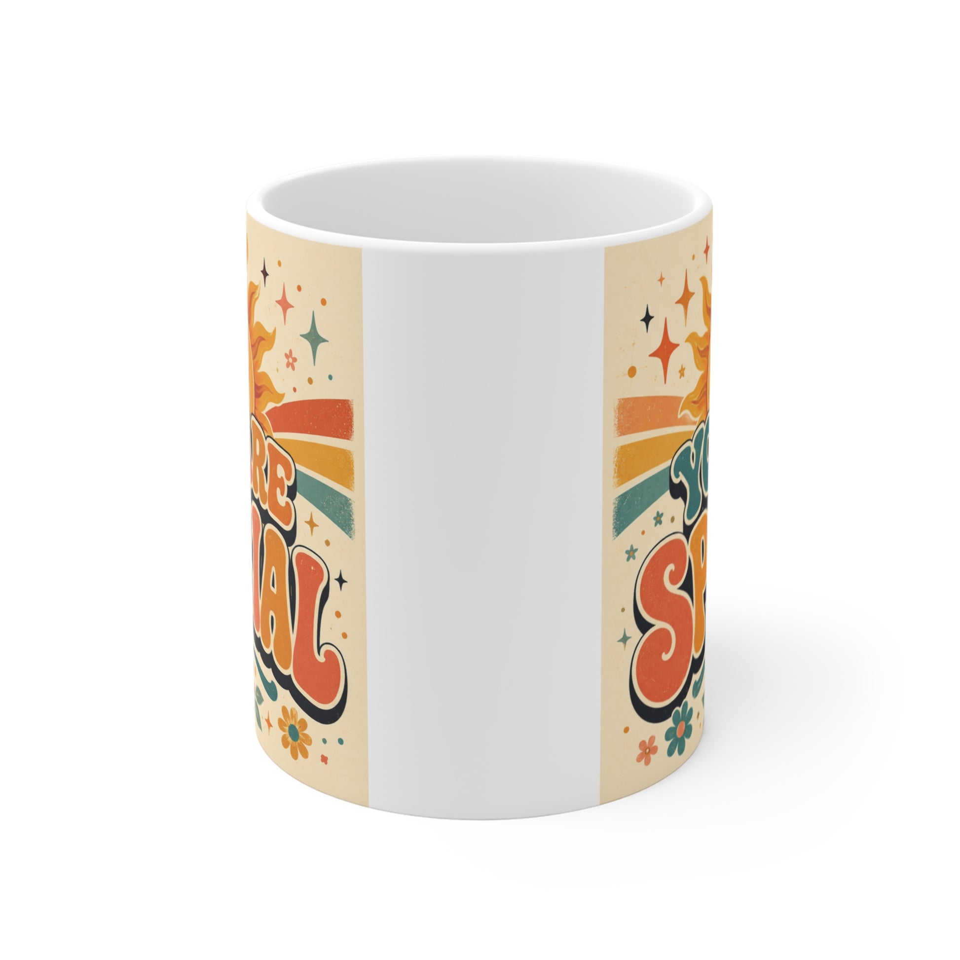 11oz ceramic coffee mug featuring the phrase "You Are Special" in retro colorful typography with a smiling sunshine and vintage floral design on a cream background.