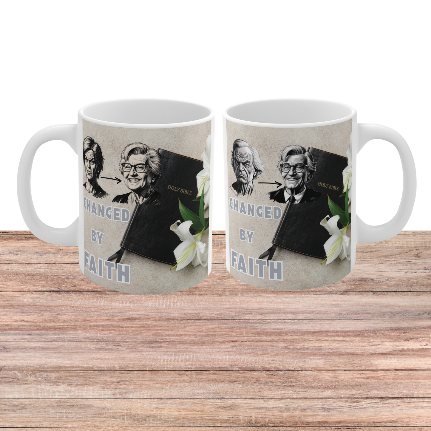 Christian Coffee Mug Gift for Christian faith mug with Holy Bible, lilies, and “Changed by Faith” message featuring transformation illustration