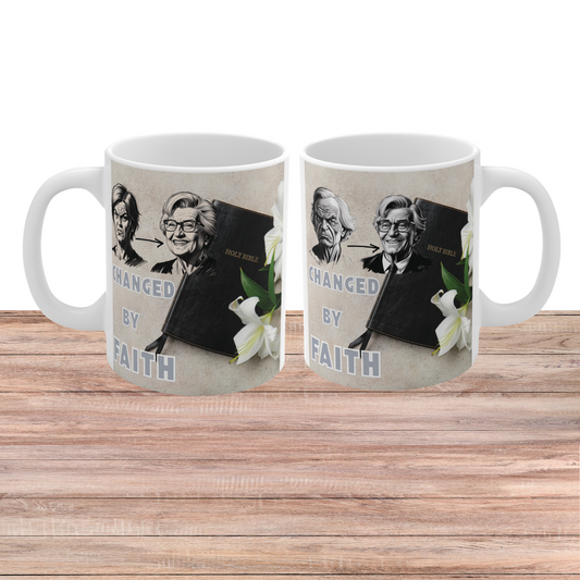 Christian Coffee Mug Gift for Christian faith mug with Holy Bible, lilies, and “Changed by Faith” message featuring transformation illustration