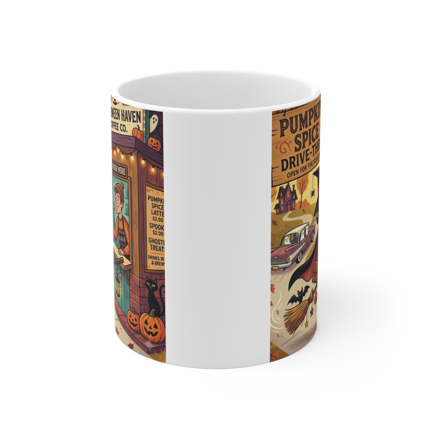 A 11oz retro Halloween coffee mug showing a witch flying on a broomstick to get a pumpkin spice latte from a cozy fall coffee booth.