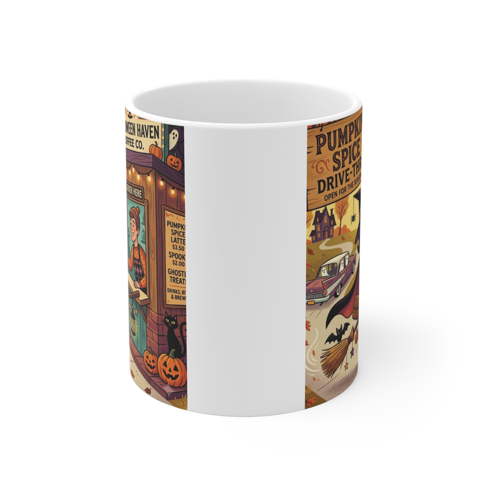 A 11oz retro Halloween coffee mug showing a witch flying on a broomstick to get a pumpkin spice latte from a cozy fall coffee booth.